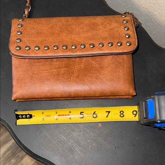 Chic Studded Brown Leather Shoulder Bag - Picture 9 of 10